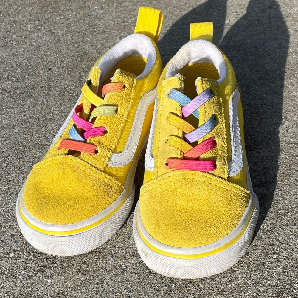 Vans yellow, rainbow checkered slip on shoes